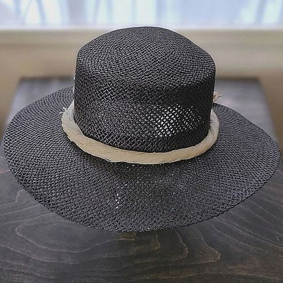 Vtg rafia sunflower band black straw sun hat - Picture 3 of 10